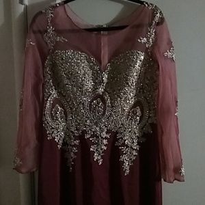 Burgundy and gold prom dress